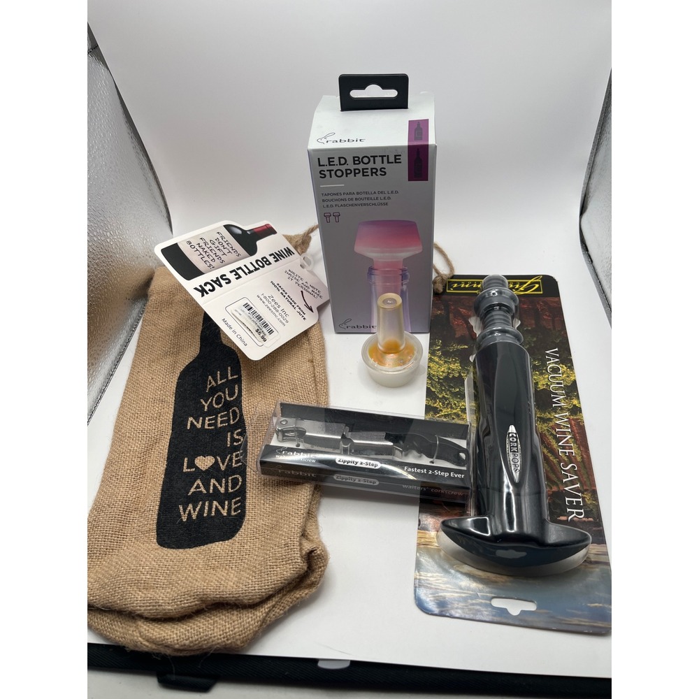 Rabbit Corkscrew LED Stoppers Cork Pops Vacuum Wine Saver & Jute Gift Bag Set
